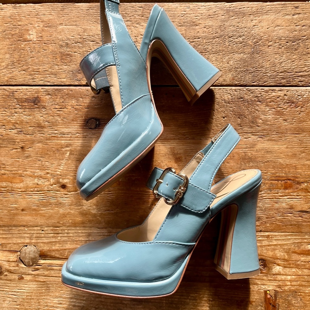 Sam Edelman Jildie Patent Smokey Blue Slingback Block Heels 5.5